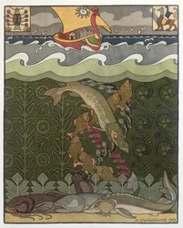 The Bogatyr Volga Transforms himself into a Pike, illustration for the Russian Fairy Story, 